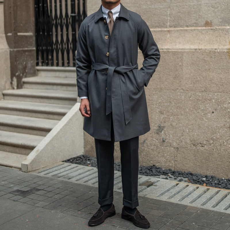 Trench Coat Men Mid-Thigh in Polyester and Wool Blend with Belt