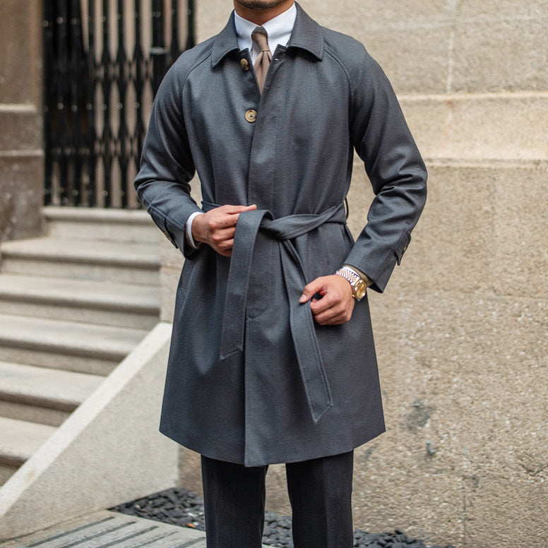 Trench Coat Men Mid-Thigh in Polyester and Wool Blend with Belt