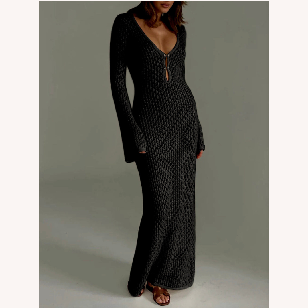 Long Chic Evening Dress in Jersey with Bold Cutouts and V-Neck – Elegant and Sexy for Women