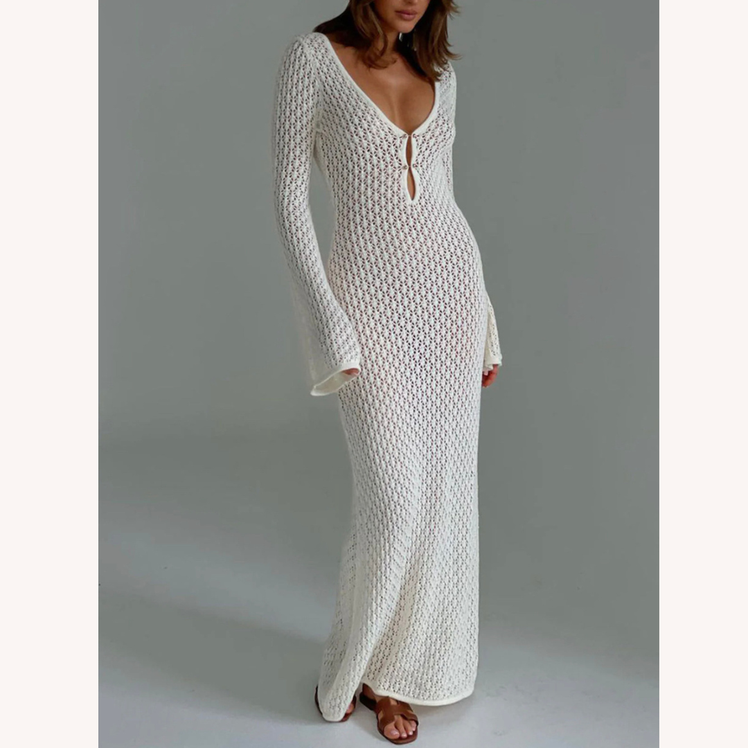 Robe de Soirée Longue Chic en Jersey avec Découpes Audacieuses et Col en V – Élégante et Sexy pour Femmes