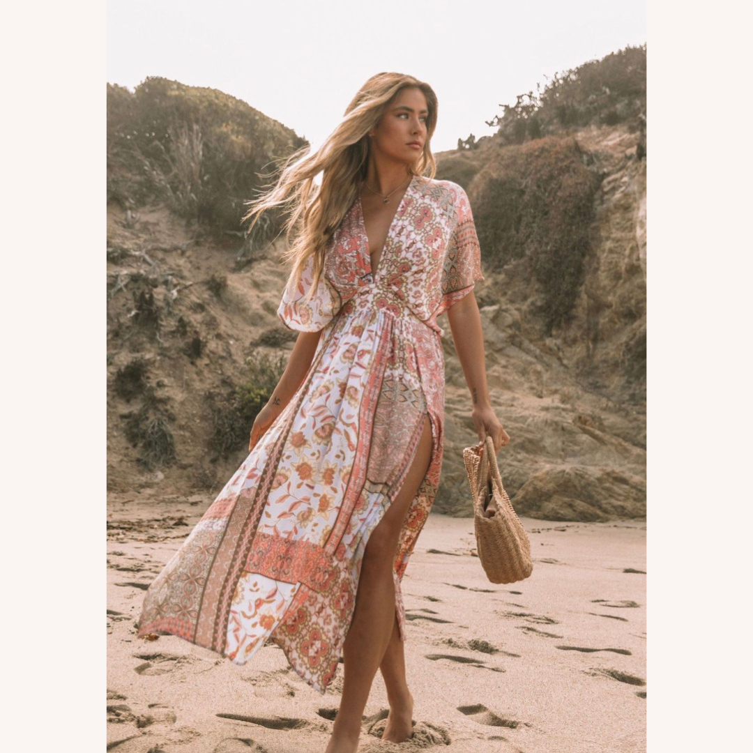 Robe Longue Femme Boho Fleurie Asymétrique en Coton Mélangé – Robe Printemps Élégante et Confortable