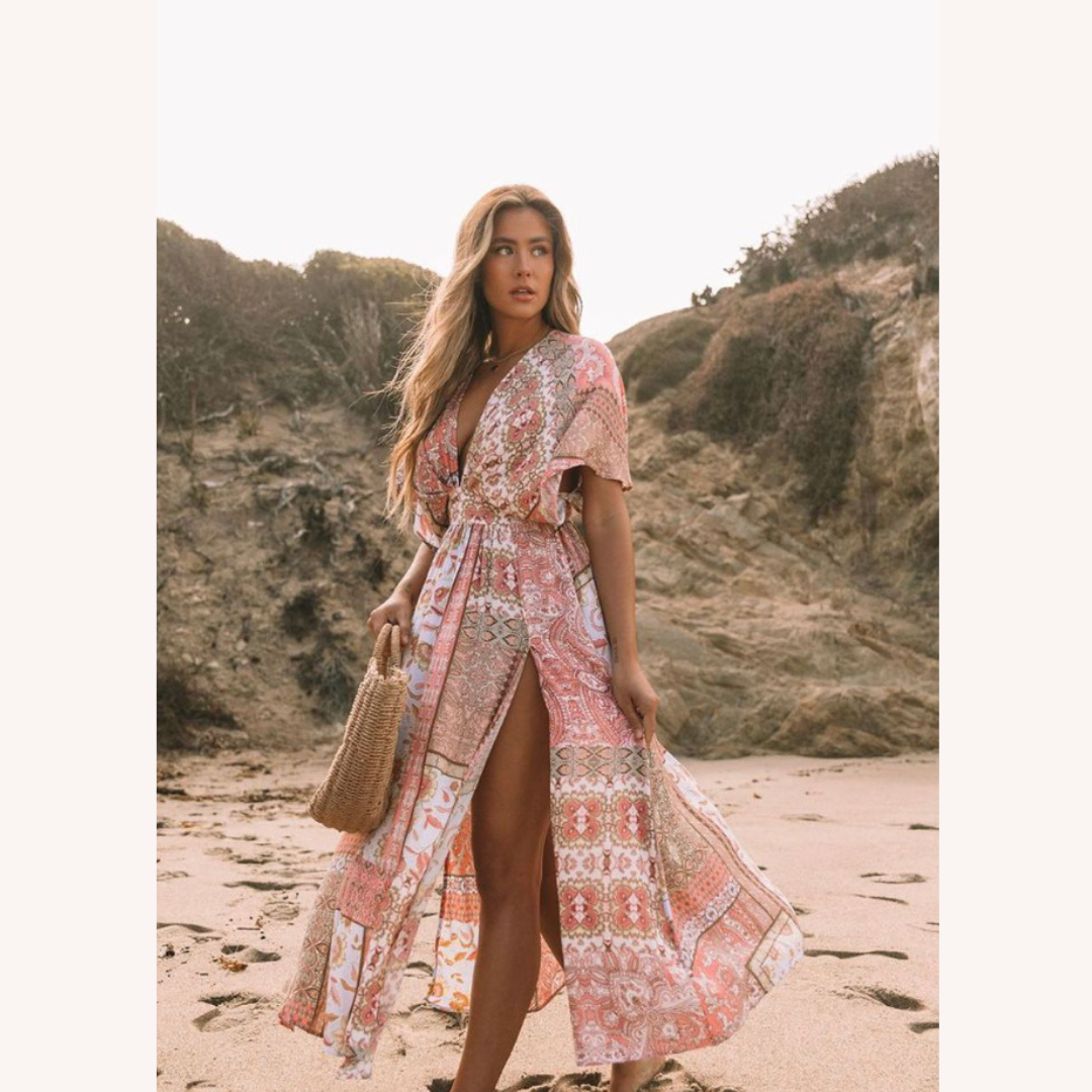 Robe Longue Femme Boho Fleurie Asymétrique en Coton Mélangé – Robe Printemps Élégante et Confortable