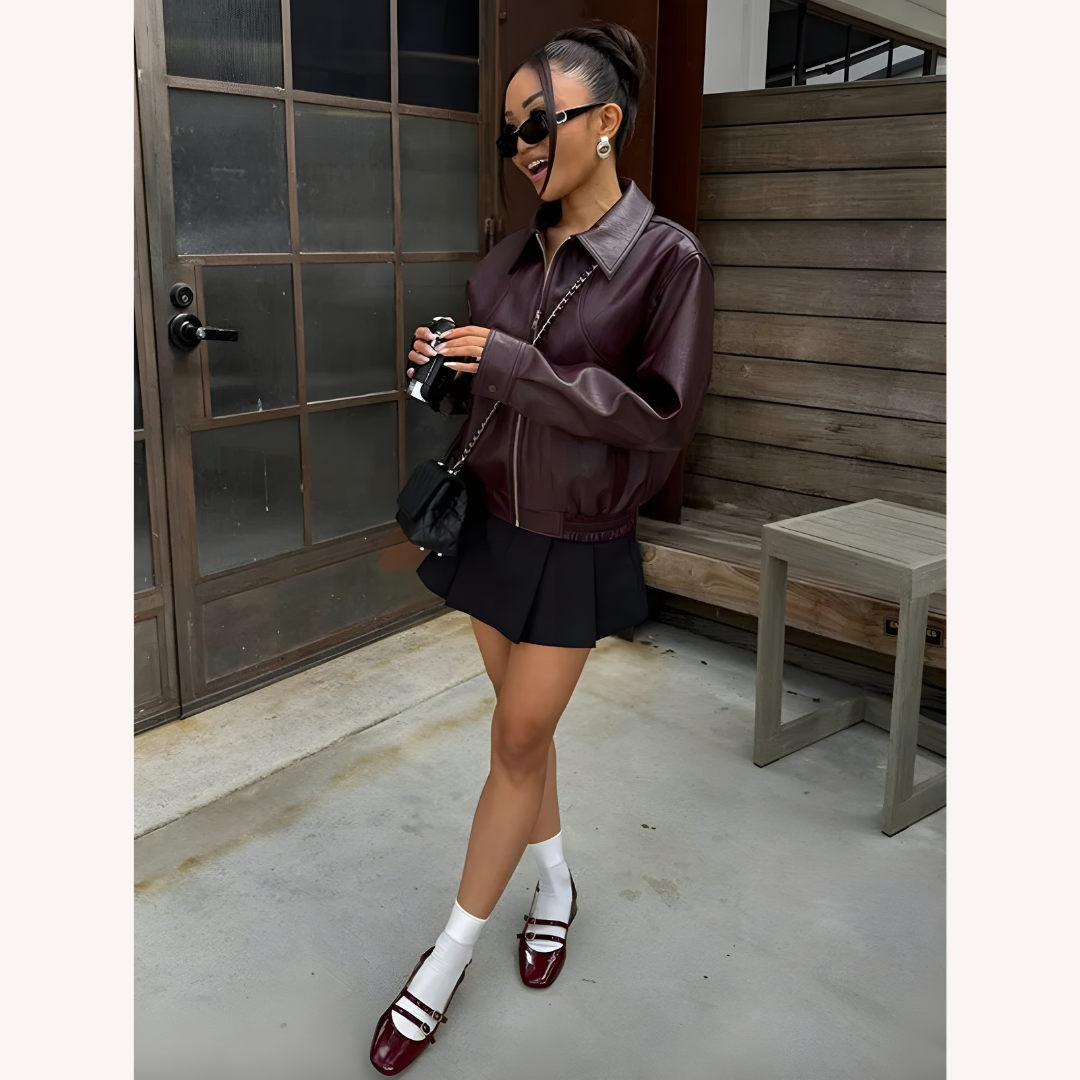 Women's Elegant Synthetic Leather Bomber Jacket with Elastic Waist – Modern and Versatile Style