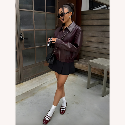 Women's Elegant Synthetic Leather Bomber Jacket with Elastic Waist – Modern and Versatile Style