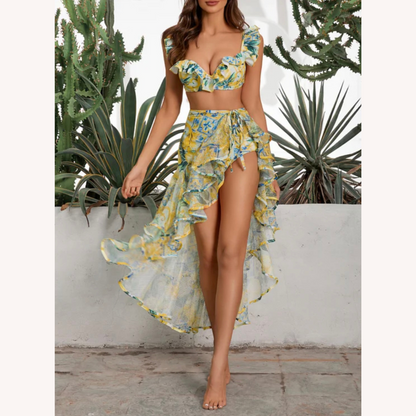 Women's Boho Blossom Swimsuit Set with Skirt and Lace Details – Floral and Elegant for Summer