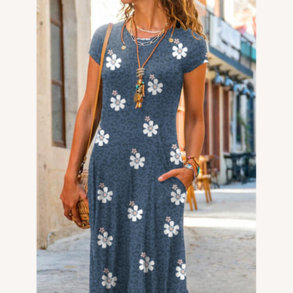 Women's Long Casual Floral Dress with Short Sleeves - Bohemian Elegance in Cotton