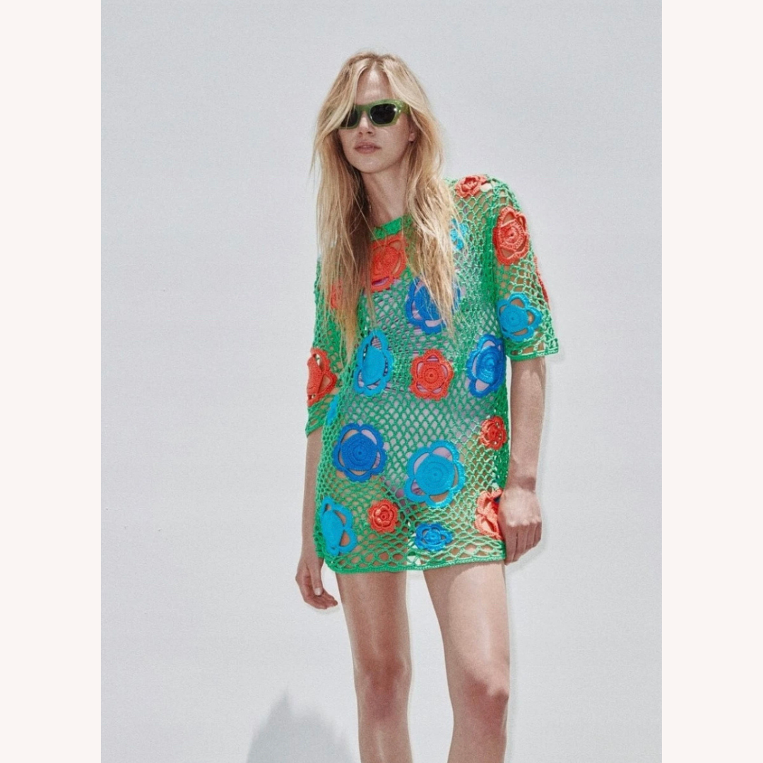 Women's Short Colorful Crochet Dress – Sexy and Seductive Style for Evenings and Special Occasions