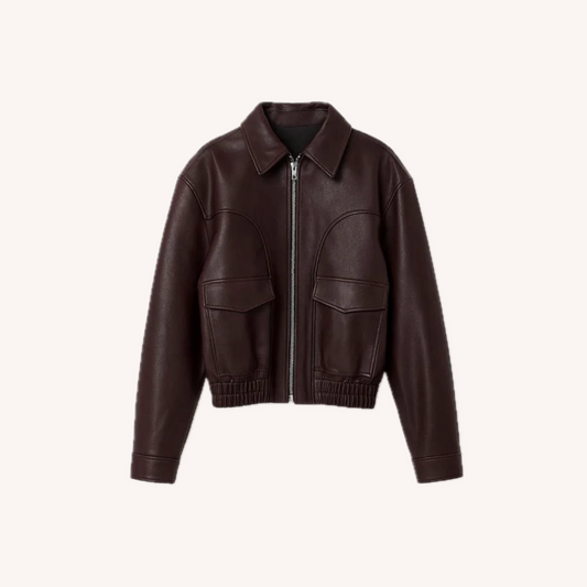 Women's Elegant Synthetic Leather Bomber Jacket with Elastic Waist – Modern and Versatile Style