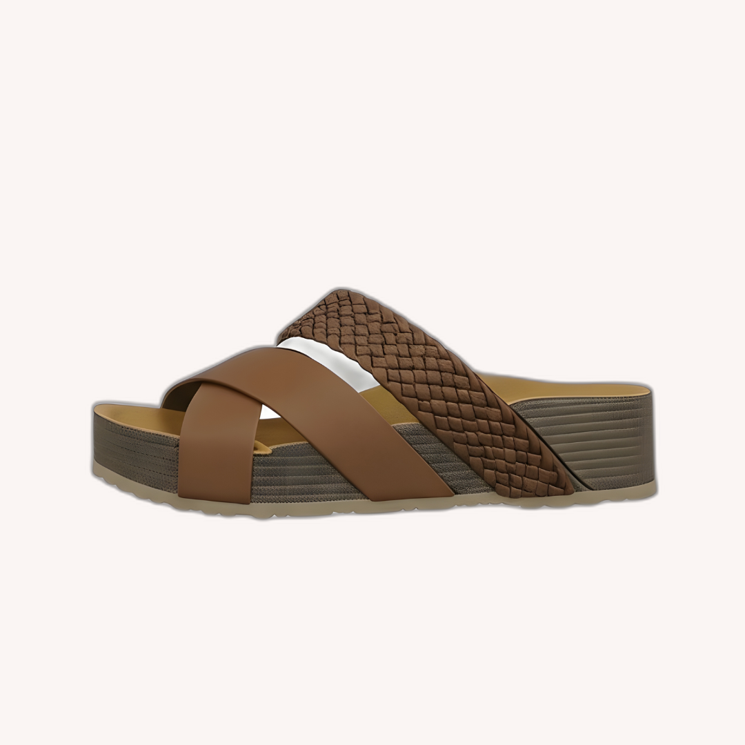 Women's Brown Sandals Size 38 PU Leather Woven Wedge