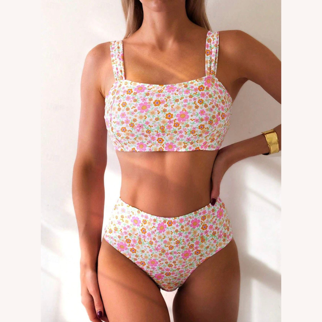 Bikini Taille Haute Femme Boho Blossom avec Motif Floral – Maillot de Bain Élégant et Confortable pour l'Été