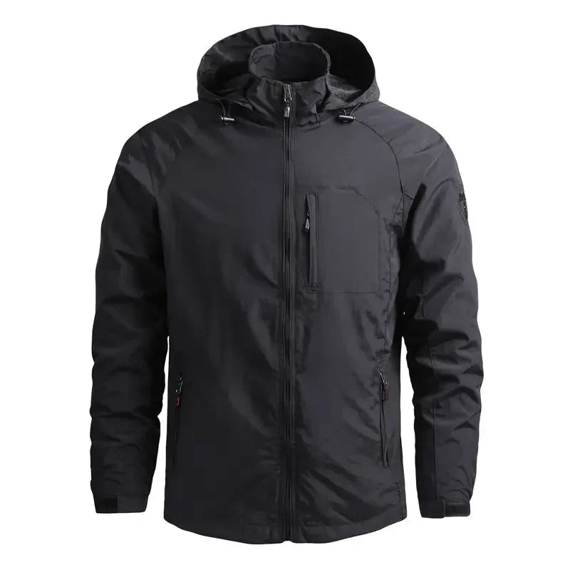 Waterproof Jacket for Men with Removable Hood – Windproof Polyester for Camping and Outdoor Activities