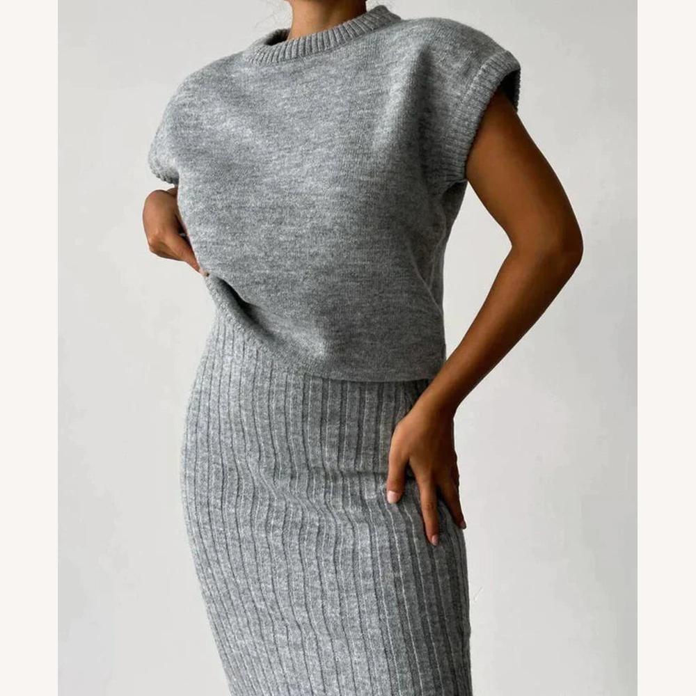 Ensemble Femme en Maille Côtelée – Haut Sans Manches et Jupe Taille Haute Élégante