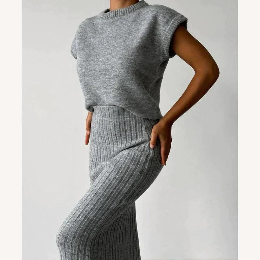 Variant image for Ensemble Femme en Maille Côtelée – Haut Sans Manches et Jupe Taille Haute Élégante-5