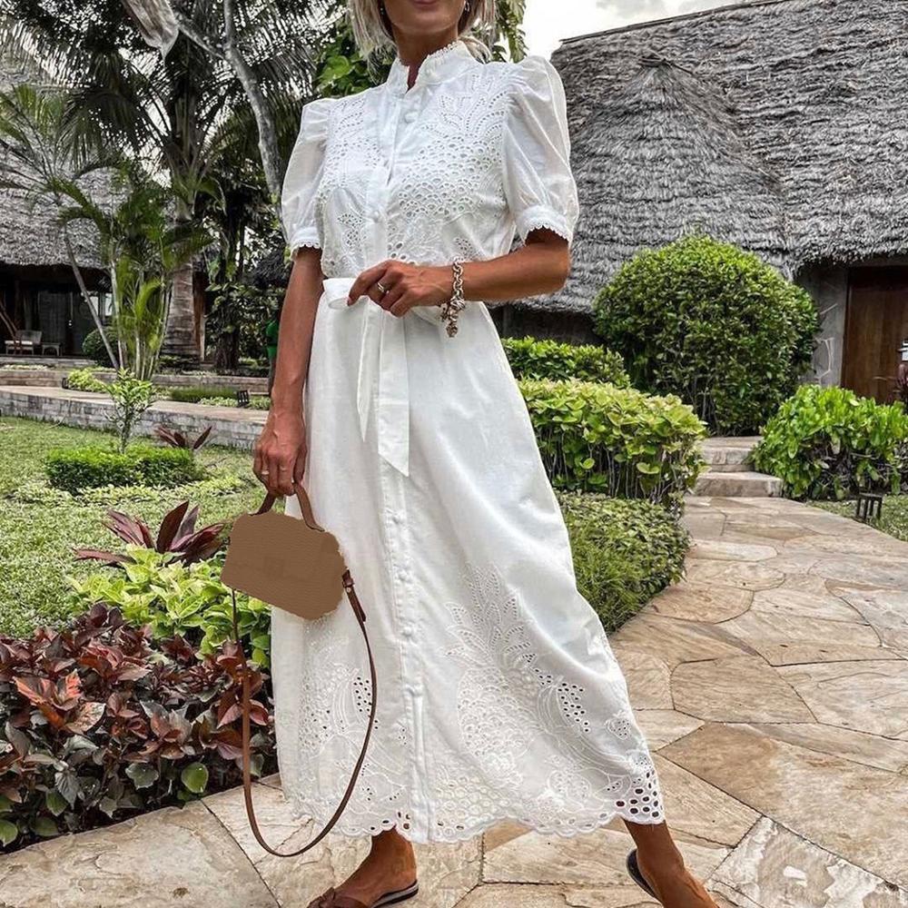 Elegant Long Cotton Dress for Women with Embroidery - Summer Maxi Dress Available in Sky Blue and White