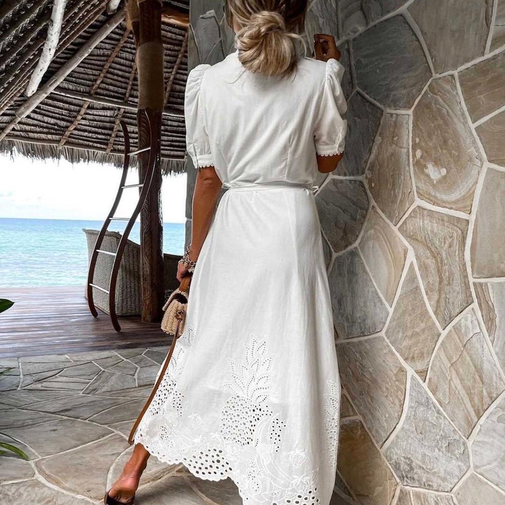 Robe Longue Femme Élégante en Coton avec Broderie - Robe Maxi d'Été Disponible en Bleu Ciel et Blanc