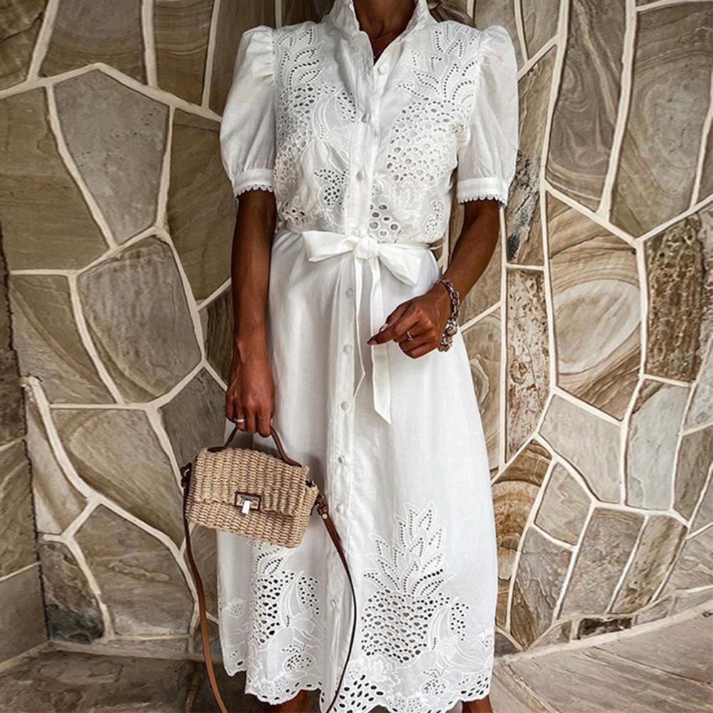 Robe Longue Femme Élégante en Coton avec Broderie - Robe Maxi d'Été Disponible en Bleu Ciel et Blanc