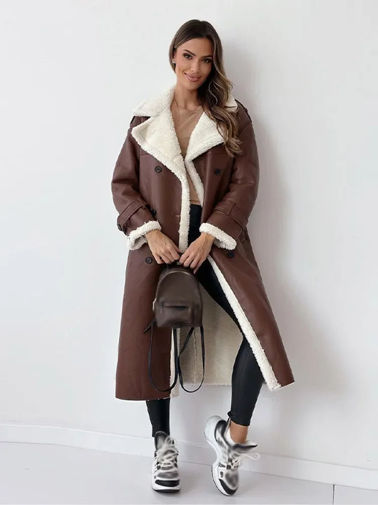 Wina Long Coat | Shearling Lined Faux-Leather