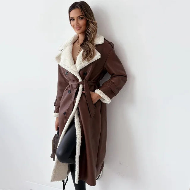 Wina Long Coat | Shearling Lined Faux-Leather