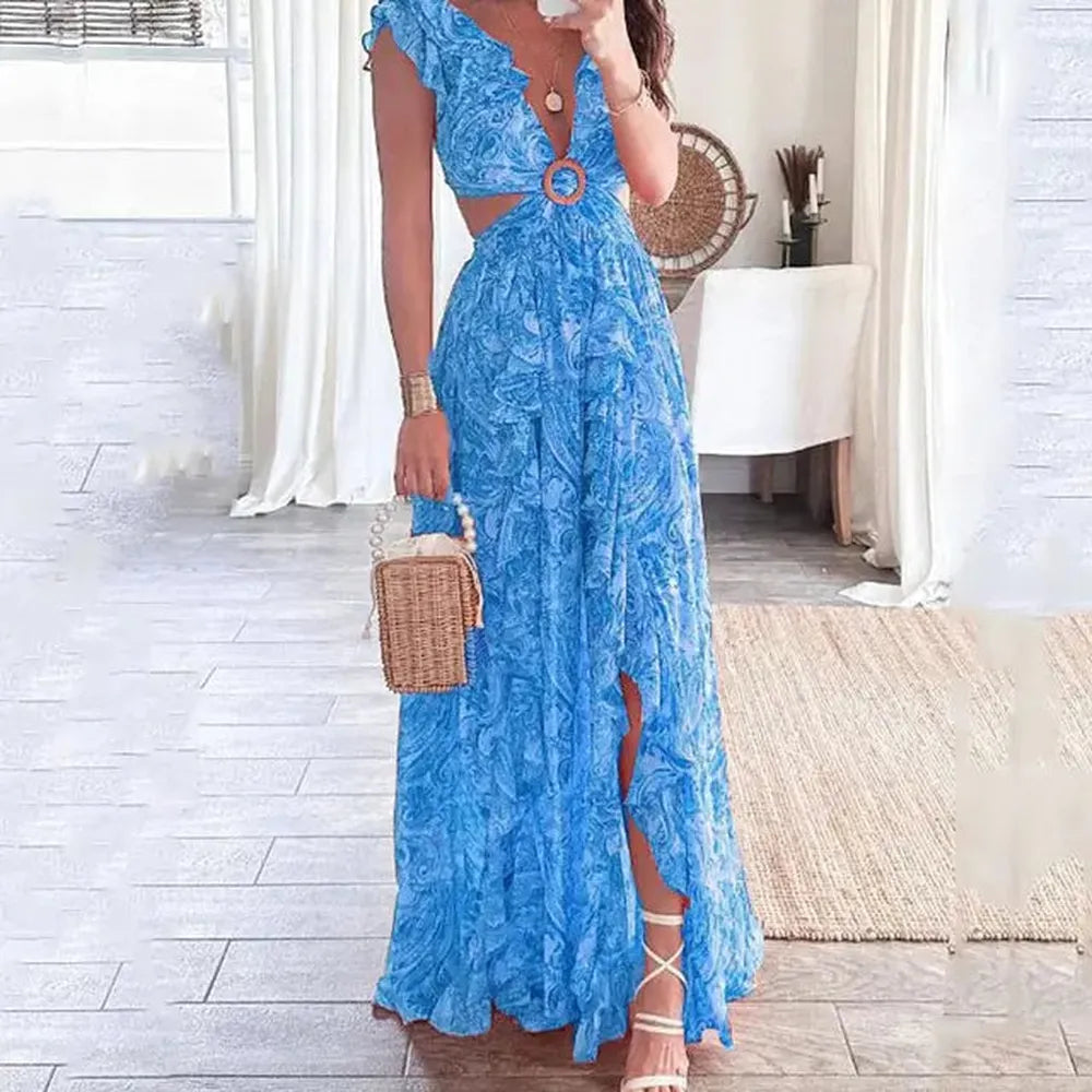 Robe de Soirée Longue Femme à Décolleté en V Floral – Élégante et Polyvalente pour Toutes Occasions