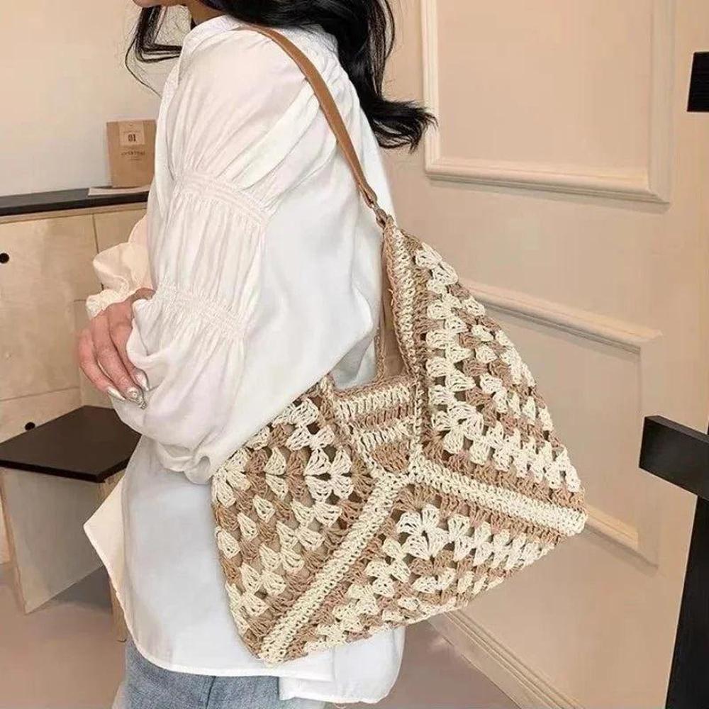 Sac Bandoulière Femme Bohème en Paille – Élégant et Léger, Brun Clair et Noir, 35 cm x 22 cm