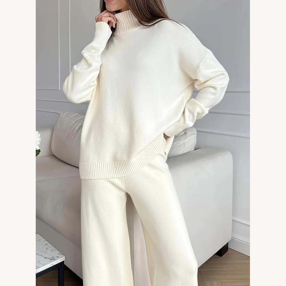 Ensemble Lounge en Maille Blanc avec Pull Col Montant et Pantalon Large Taille Haute – Confort Élégant pour Femme