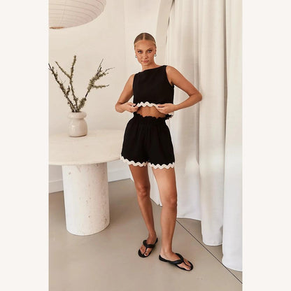 Variant image for Ensemble Coordonné Léger Femme – Haut Sans Manches et Short Taille Haute en Mélange Coton-Polyester, Finitions Ondulées, Beige Noir Rose-8