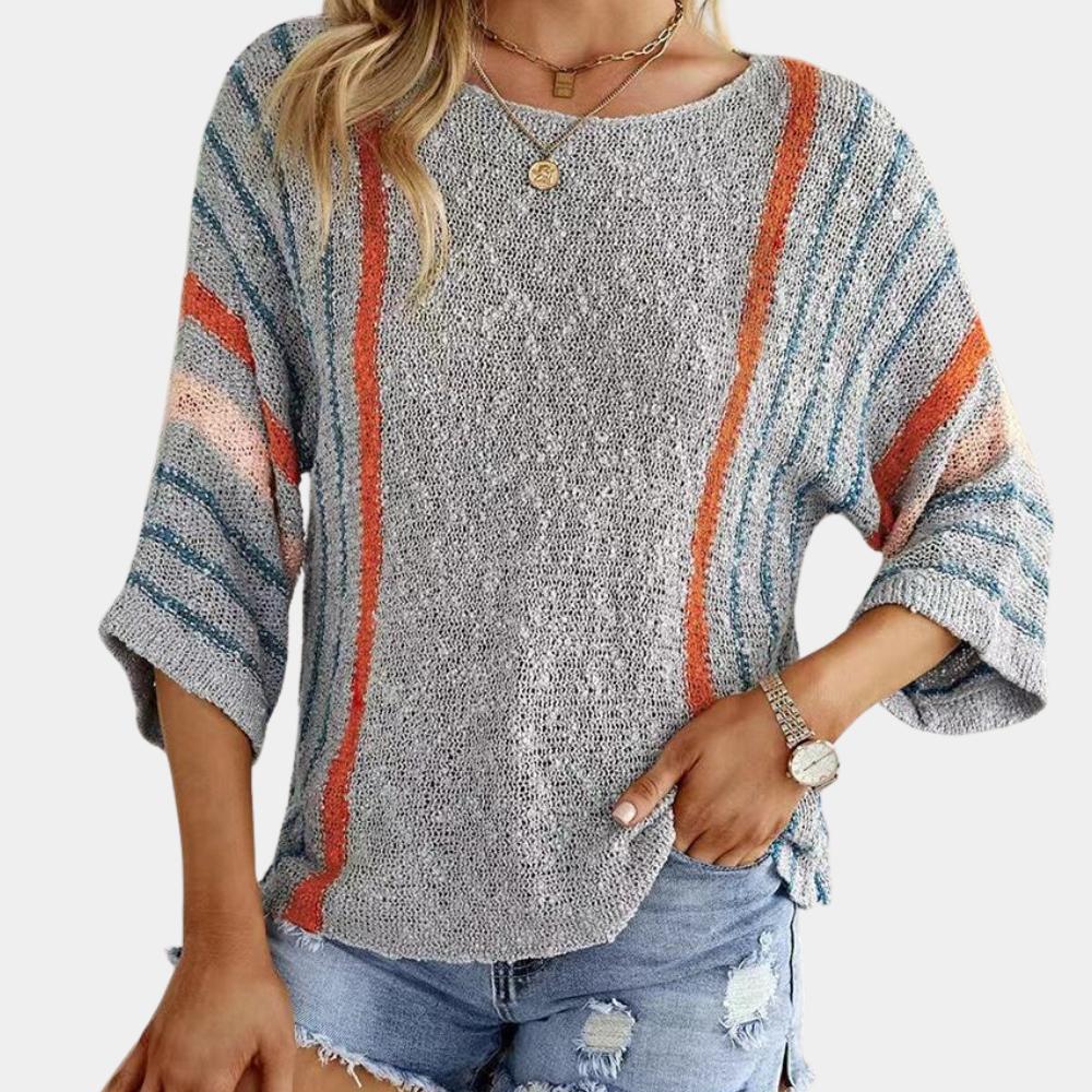 Pull Femme Ample en Maille Rayé Léger – Confort Décontracté, Manches Larges, Tissu Doux, Idéal pour Toutes Saisons