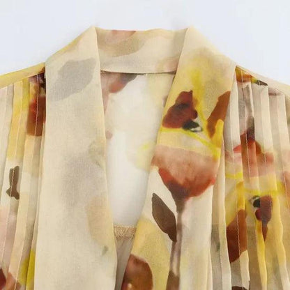 Women's Floral Chiffon Blouse with Bow - Chic and Elegant, Puff Sleeves, Ideal for Office and Brunch