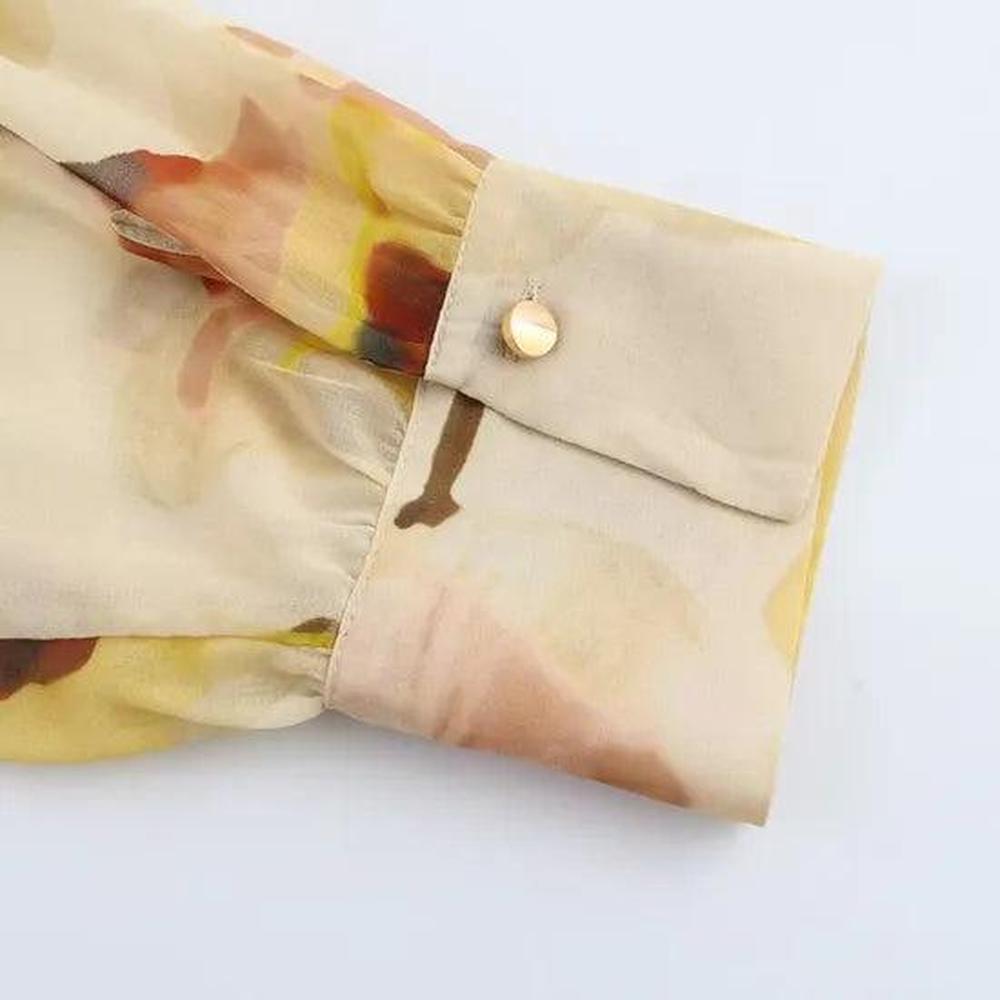 Blouse Femme en Mousseline Fleurie avec Nœud - Chic et Élégante, Manches Bouffantes, Idéale pour Bureau et Brunch