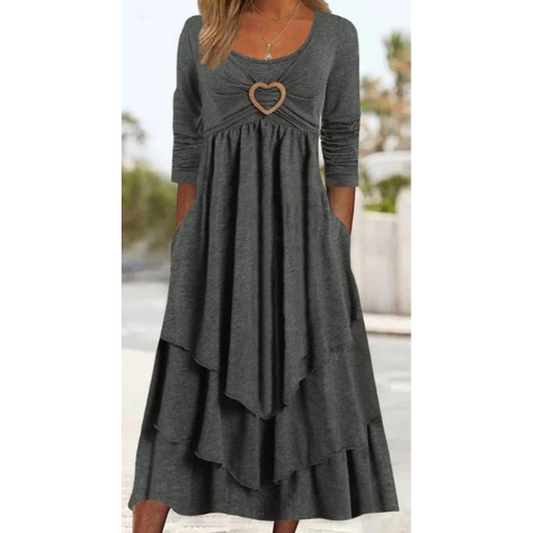 Women's Solid Midi Dress with Long Sleeves and Side Pockets – Elegance and Comfort
