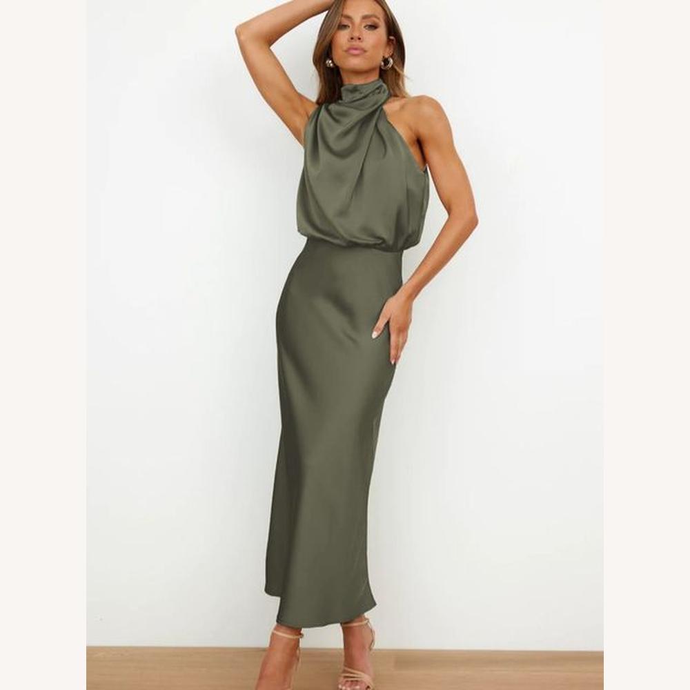 Elegant Cocktail Dress in Fluid Fabric for Women - Flattering Mid-Calf Cut, Ideal for Chic Evenings