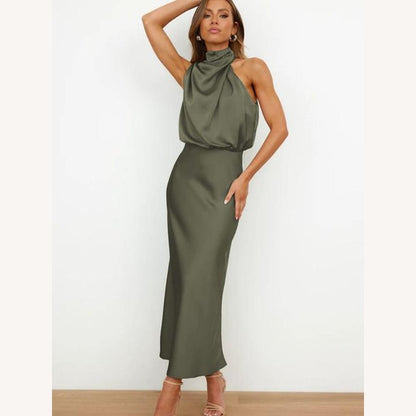 Elegant Cocktail Dress in Fluid Fabric for Women - Flattering Mid-Calf Cut, Ideal for Chic Evenings