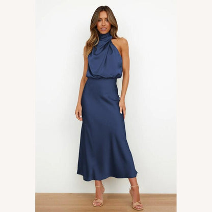 Elegant Cocktail Dress in Fluid Fabric for Women - Flattering Mid-Calf Cut, Ideal for Chic Evenings