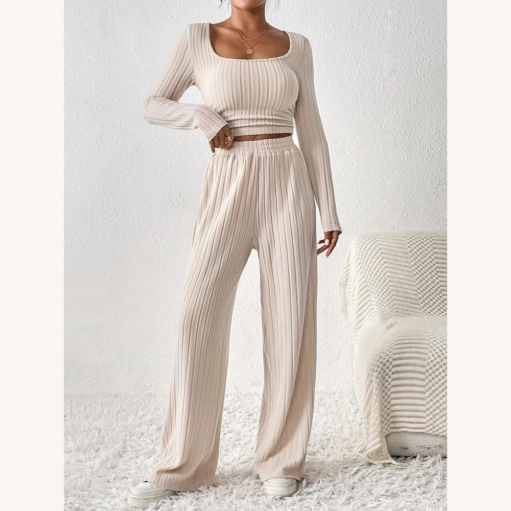 Ribbed Lounge Set 2 Pieces Women – Long Sleeve Crop Top and Wide Leg High Waist Pants Beige