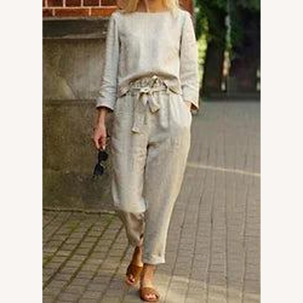 Ensemble Tailleur Femme en Lin Léger - Haut à Manches Longues et Pantalon Taille Haute Chic et Décontracté