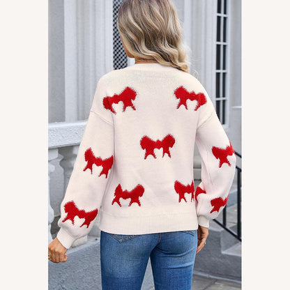 Soft Knitted Sweater with Bow Patterns – Loose and Comfortable Fit for a Casual Feminine Style