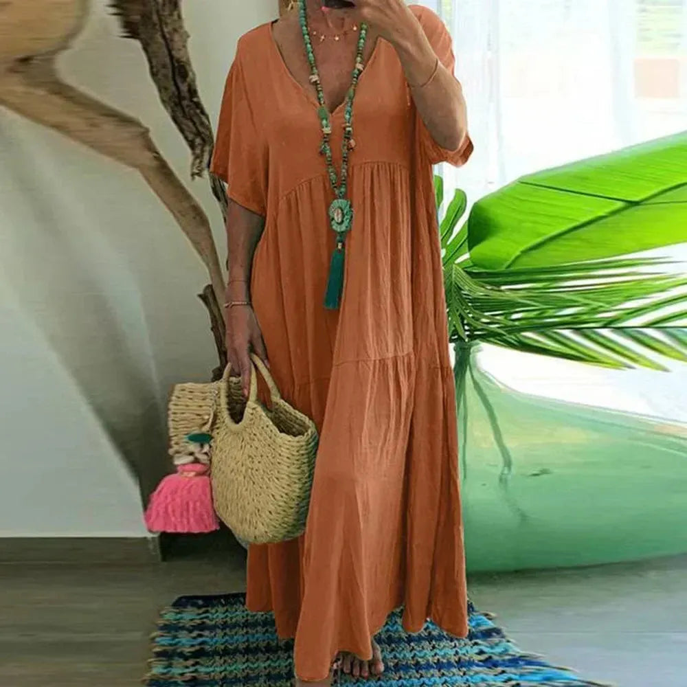 Robe Longue Femme Décontractée avec Décolleté en V – Robe Longue Été en Tissu Doux et Respirant