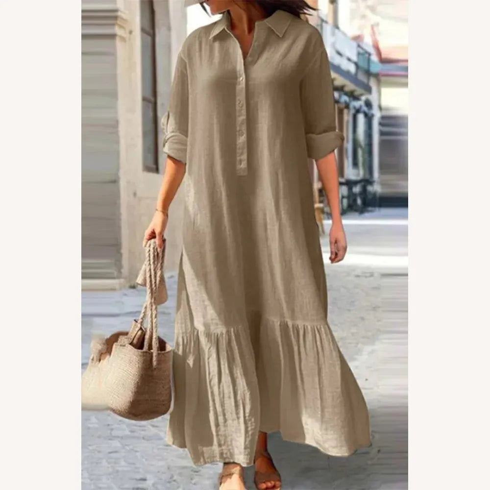 Robe Longue Femme Décontractée Vintage avec Col Rabattu et Boutons Unis - 100% Coton, Disponible en S à XL