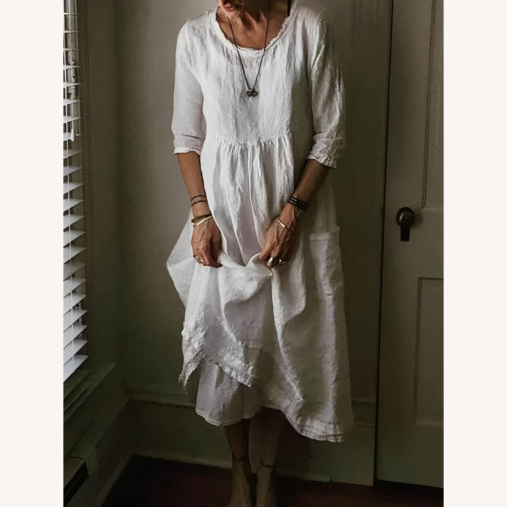 Robe Longue Femme à Col Ras du Cou en Lin Mélangé, Élégante et Confortable, Manches 3/4 – Idéale pour Printemps et Été