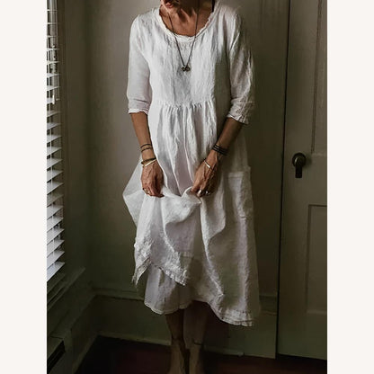Long Women's Dress with Crew Neck in Blended Linen, Elegant and Comfortable, 3/4 Sleeves – Ideal for Spring and Summer