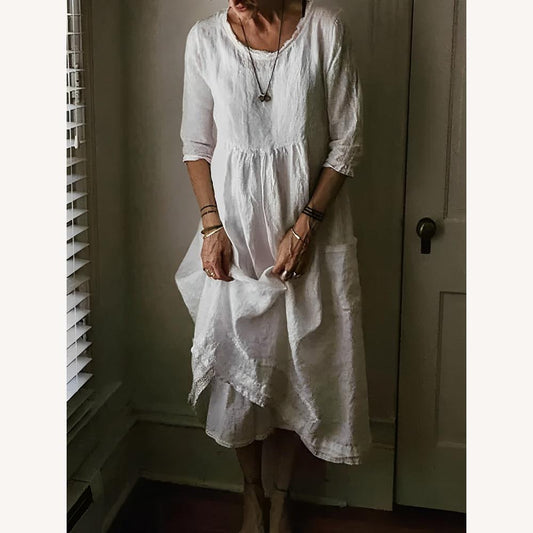 Long Women's Dress with Crew Neck in Blended Linen, Elegant and Comfortable, 3/4 Sleeves – Ideal for Spring and Summer
