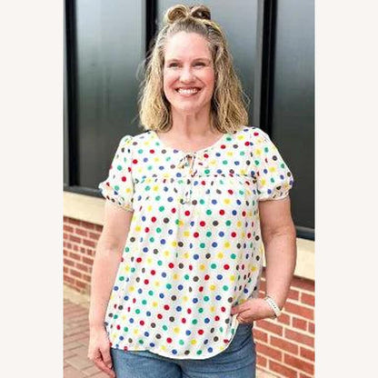 Women's Multicolored Polka Dot Blouse – Loose Tunic with Puff Sleeves and Tie Collar, Comfortable and Trendy