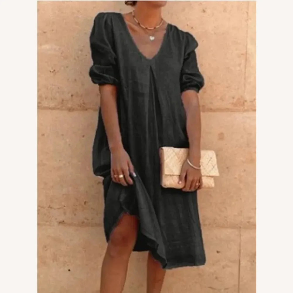 Robe Longue Femme en Lin à Col en V - Élégance Décontractée pour l'Été, Confortable et Légère