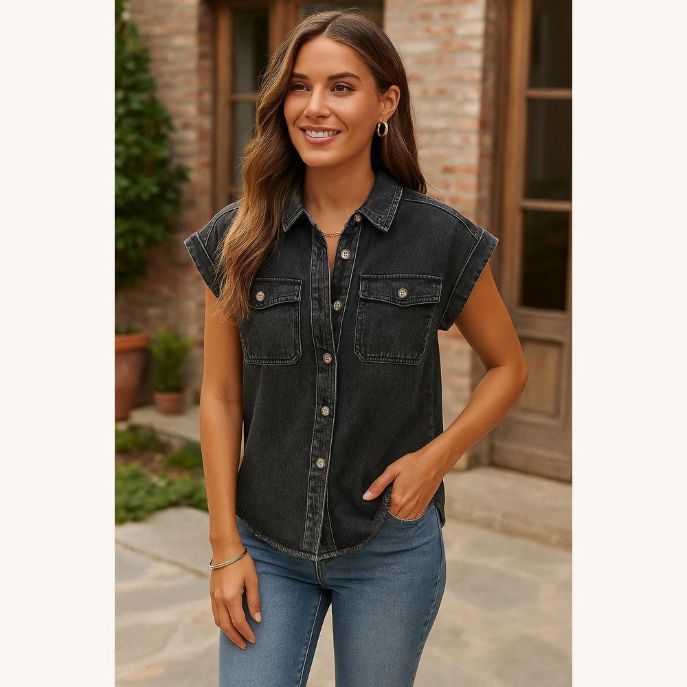 Chemise Femme Délavée en Denim Noir avec Ourlet Effiloché – Style Décontracté en Coton Mélangé