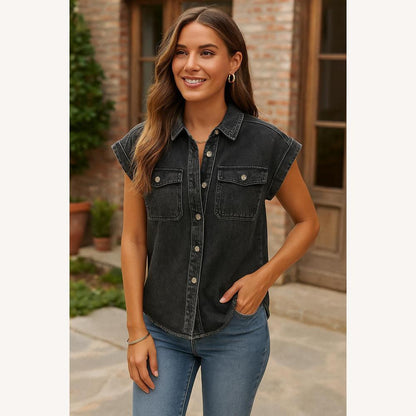 Women's Washed Black Denim Shirt with Frayed Hem – Casual Style in Blended Cotton