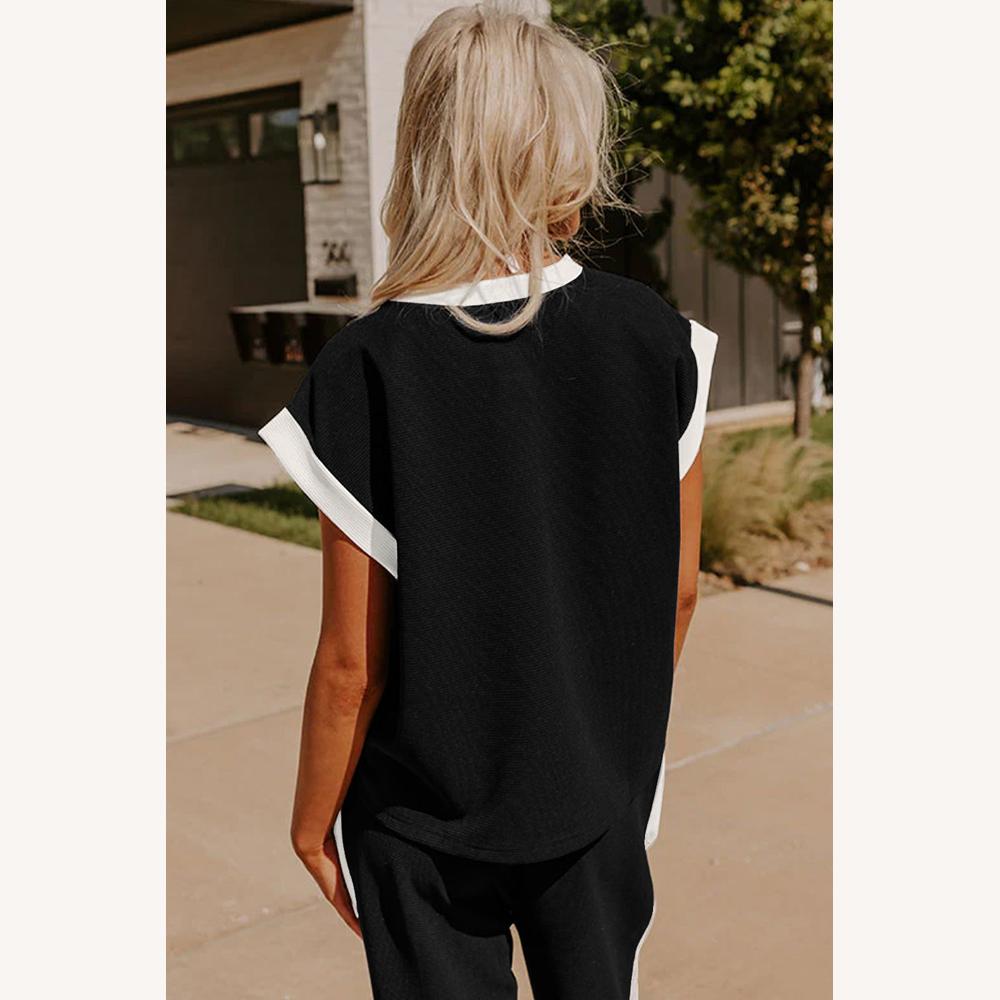 Women's Two-Piece Set Black with Loose Top and Wide-Leg Pants – White Contrasting Details