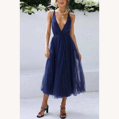 Women's Midi Dress in Tulle with V-Neck – Elegant and Chic for Special Occasions