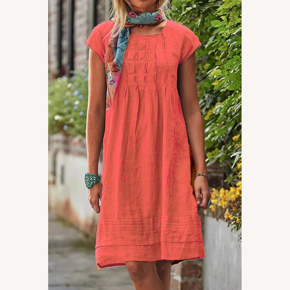 Women's Casual Short Sleeve Solid Patchwork Dress with U-Neckline – Elegant and Comfortable