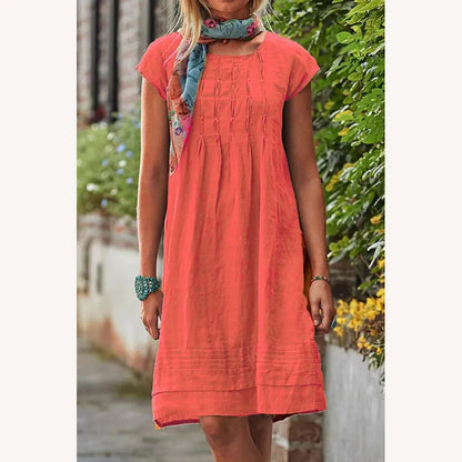 Women's Casual Short Sleeve Solid Patchwork Dress with U-Neckline – Elegant and Comfortable