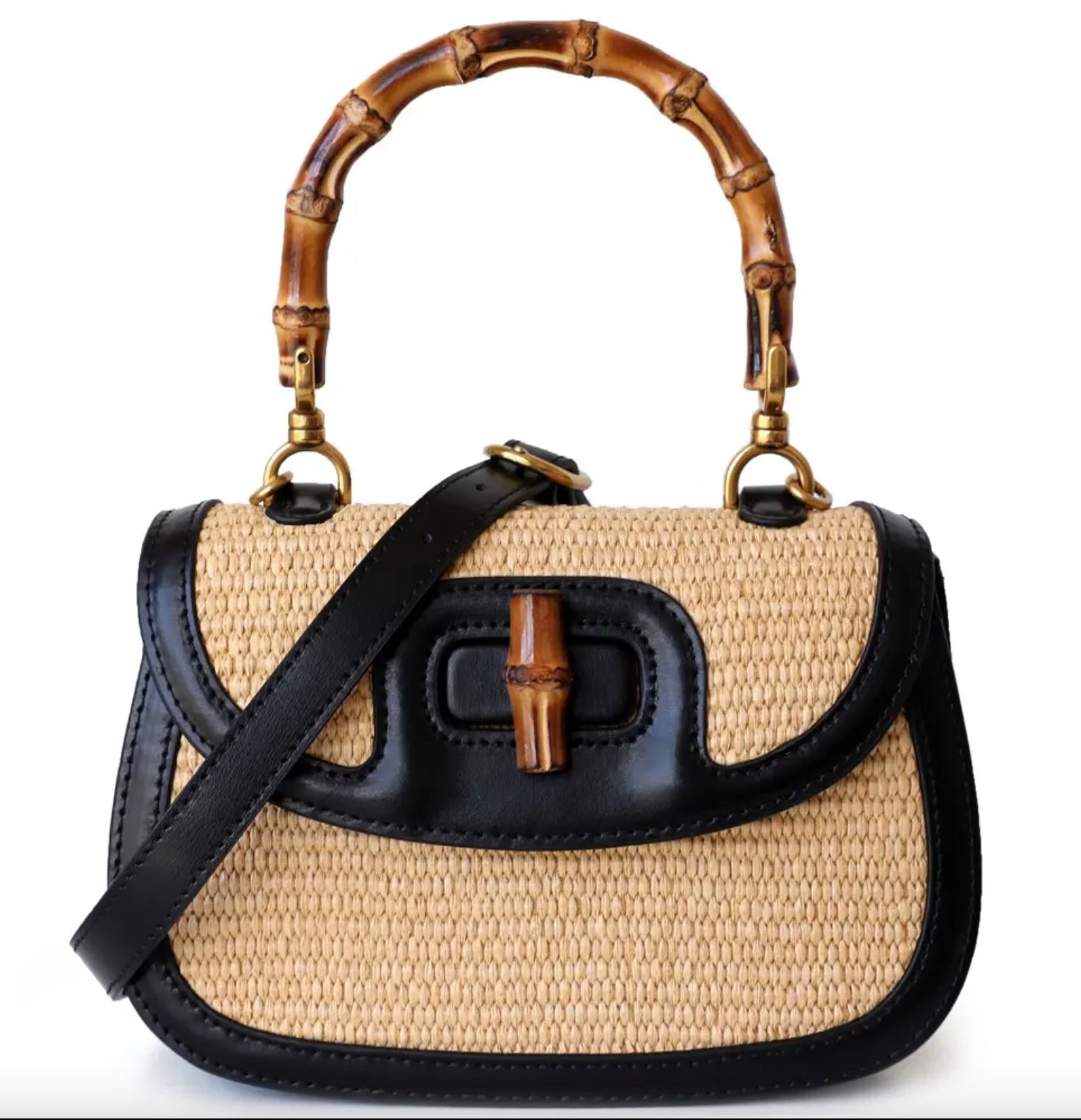 Sac à Main Femme en Paille Tissée avec Poignée en Bambou – Sac Bandoulière Brun Élégant et Pratique